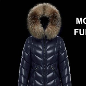 Moncler Navy Long Removable fur hood coat